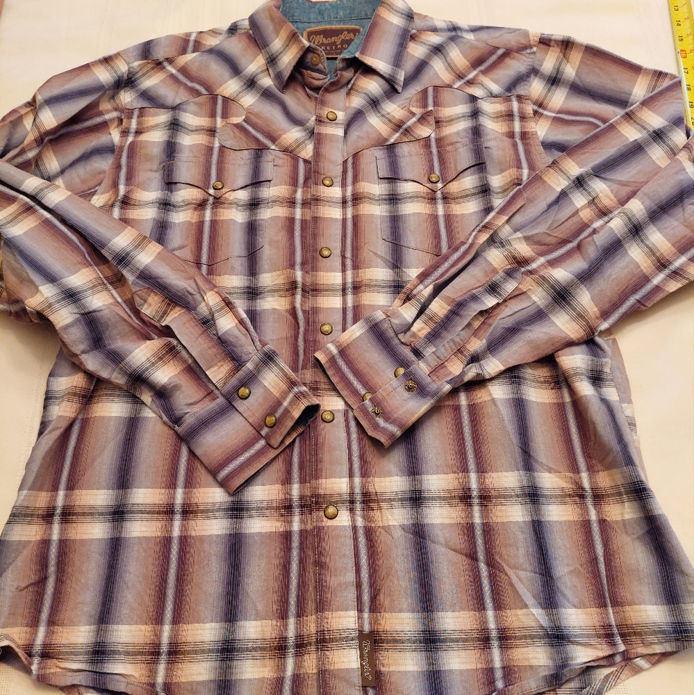 Wrangler Retro western pearl snap brown plaid earth tones flip cuff cowboy top.L
